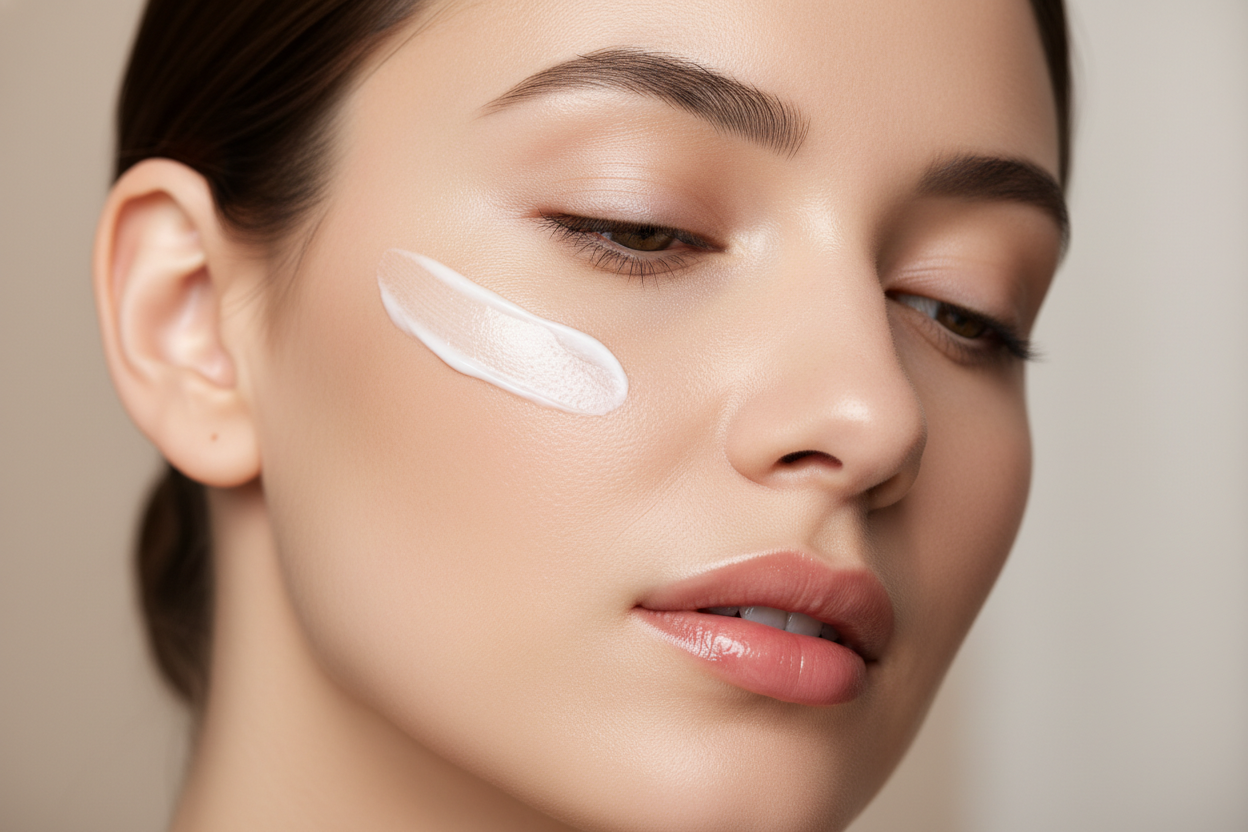 female model with a small amount of face cream on cheek