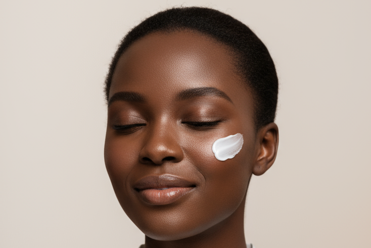 black female skincare model with face cream on cheek